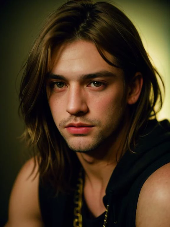 Grunge style, RAW photo of (((man))), portrait of a beautiful (man:1.5), (((male person)) + (age early fourties )), highly realistic, masterpiece, absurdres, intricate, highly detailed, Bulgarian + Inverted Triangle Face, hood-eyes, [eye color amber], Nose with an Adorable Button Shape, protruding lower lip, lower cheekbones, long chin, high quality photography, 3 point lighting, flash with softbox, 16k, Leica M6, Ektachrome 64, smooth, sharp focus, high resolution, award winning photo, 50mm, f2.8, depth of field, Textured, distressed, vintage, edgy, punk rock vibe, dirty, noisy
