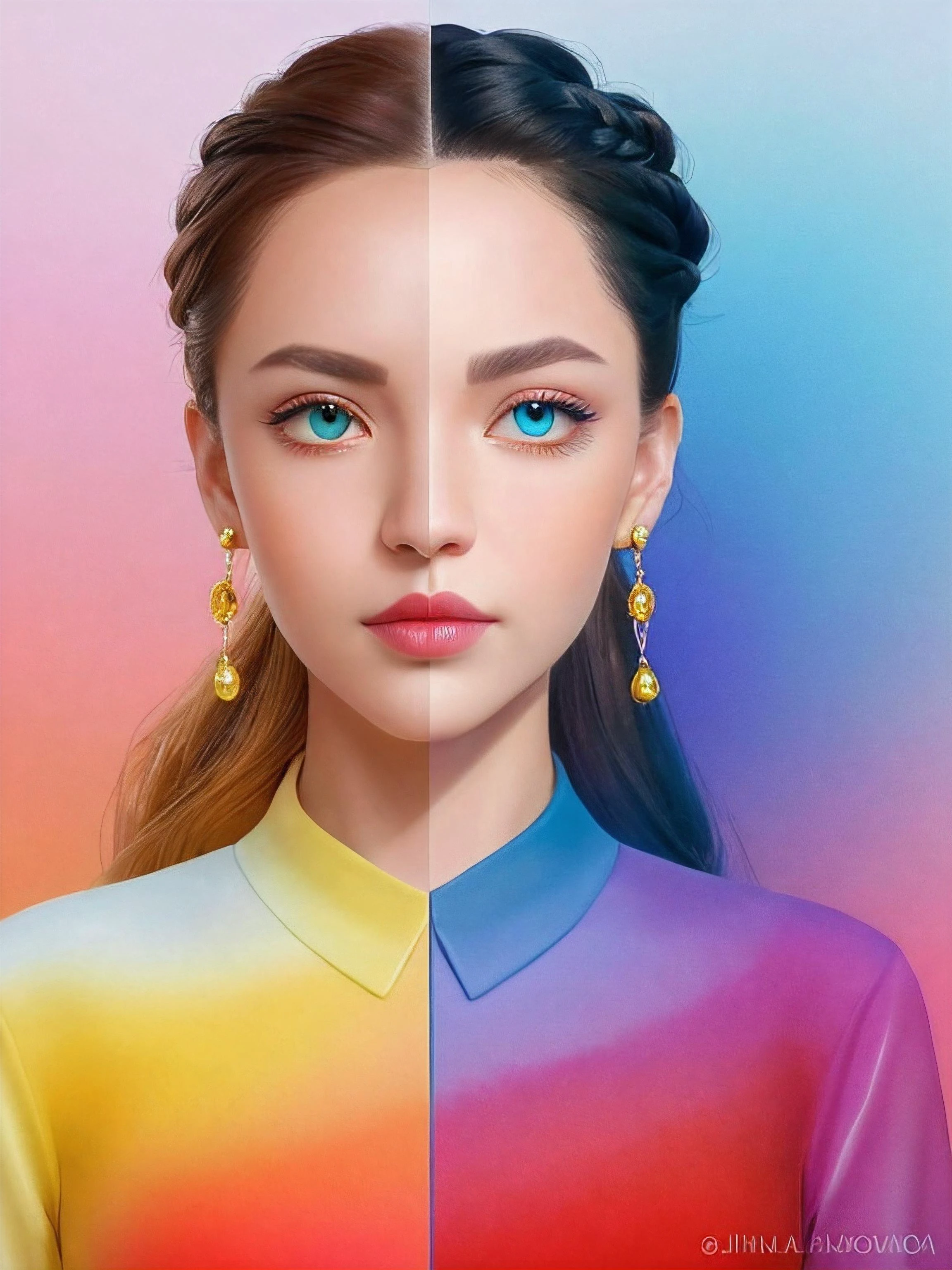 Character Design Sheet of minimalism style portrait,(red lunar dragon adorned woman + south Africa,skin color dark brown), Circular Face, Downturned Eyes, [eye color blue], Nose with an Alluring Hook Shape, thin lips, prominent cheeks, square chin, Peach Blonde, twist braid,  underwater , ((ultra realistic, extremely fine details, natural skin texture)), extremely detailed eyes lips nose , alluring captivating piercing eyes, ombre gradient background dragonfly silhouette refract_deflect_diffract ball, silhouette landscape, vibrant colors, hight quality, elements of Sinosphere culture, (masterpiece,best quality,niji style), dreamy watercolor ink splashes, expressionism, Contemporary,UnSea, character reference sheet, character turn around, <lora:UnderSea-10:1>