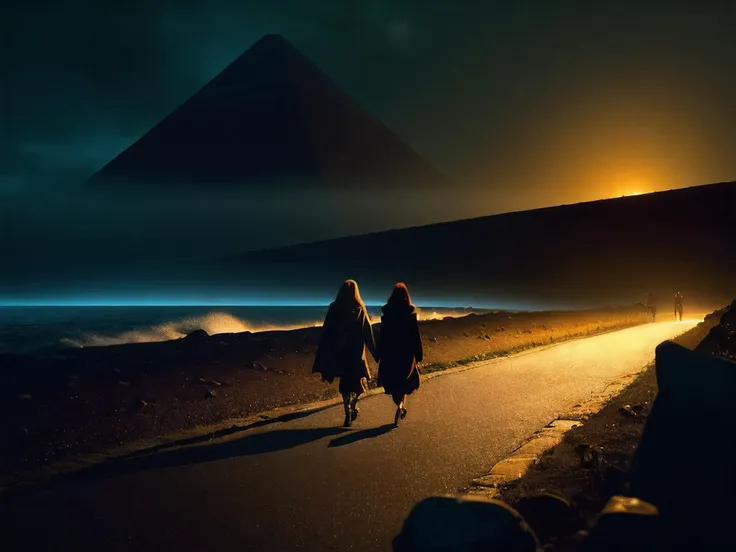 (A couple strolling in a dimly lit dark night, digital painting, artstation, concept art, Sergey Kolesov , Breathtaking, 8k resolution, extremely detailed, beautiful, establishing shot, artistic, hyperrealistic, octane render, cinematic lighting, dramatic lighting, masterpiece, light brazen, extremely detailed and beautiful face with Circular Face, Egyptian Eyes, [eye color grey], snub-nosed nose, thin lips, lower cheekbones, long chin with random hair color), by Satoshi Kon and Mike Mignola,  (black , alluring , masterful:1.4), poster art, bold lines, hyper detailed, expressive,  award winning,  (landscape:1.4), (intricate details, masterpiece, best quality:1.4), a building that appears to be made of liquid, with rippling waves and flowing curves that give it a mesmerizing, ethereal quality<lora:SD_Dices_Mega_Detail_v1:1.0>