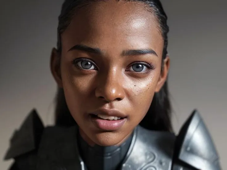 Two-shot, vanishing point, (girl + Ethiopian + Sci-fi Orc Armor, Rectangular Face, Close-Set Eyes, [eye color hazel], Nose with an Angular Shape, full lips, high cheekbones, weak receding chin, laughing, random hair style, random hir color), Birdâs-eye view with fullbody shot, shot on Pentax 645Z, extremely detailed face eyes lips, extremely detailed skin, sharp focus, high resolution, award winning photo, 50mm, f2.8, depth of field, Extremely high-resolution details, photographic, realism pushed to extreme, fine texture, incredibly lifelike,