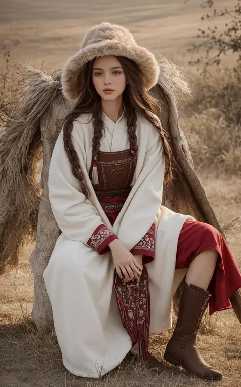(style of [Jovana Rikalo|Ilya Kuvshinov|Bella Kotak|Oleg Oprisco]:1.5), (intimate sultry available light soft candid natural in-environment portrait:1.5),  (Mongol Horsewoman on the Steppe (13th Century:1.21), In her late 20s, athletic and robust, built for the rigors of nomadic life. Her hair is long and dark, typically braided to keep it out of the way. She wears traditional Mongol attire, a deel (robe) in rich reds and browns, adorned with patterns that signify her clan, practical leather boots, and a fur hat against the steppe's chill.