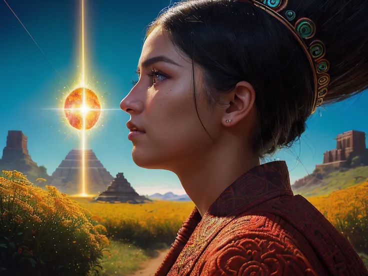 (a portrait of a mayan quetzalcoatl goddess with a lazer shining into the top of her head, pieces expanding from impact aquamarine and red, by android jones, by ben ridgeway, by ross draws, by Noah Bradley, by Maciej Kuciara + illustrative + visionary art + low angle + oil painting + Visionary art, DMT, psychedelic, The god particle, utopia  profile, artgerm,  featured in artstation, elegant, Moebius, Greg rutkowski with Circular Face, Close-Set Eyes, [eye color amber], Nose with an Adorable Button Shape, protruding lower lip, prominent cheeks, weak receding chin with random hair color), by Satoshi Kon and Mike Mignola,  (black , alluring , masterful:1.4), poster art, bold lines, hyper detailed, expressive,  award winning,  (landscape:1.4), (intricate details, masterpiece, best quality:1.4), a dense forest, surrounded by tall trees and colorful wildflowers. As they walk, the trees seem to shift and change around them<lora:SD_Dices_Mega_Detail_v1:1.0>