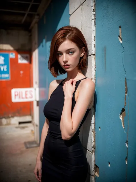 A photo of redhead in a public bathroom captures the allure of a skinny figure with short hair, freckles, pale skin, deep blue eyes, wearing an elegant dress, leaning in front of graffiti-covered walls, the dimly lit space accentuates the hair glistening under a neon sign, while her red lips add a touch of intrigue, solo, sweaty erotic look