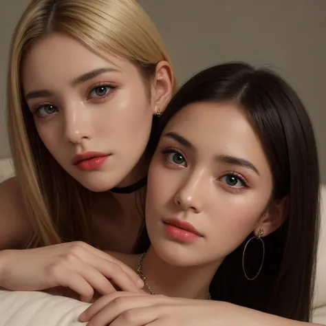 4k, 8k, ultra highres, raw photo in hdr, sharp focus, intricate texture, skin imperfections, realistic, detailed facial features, highly detailed face, posing,perfect lighting,long hair,makeup,looking at viewer,2girls,lying down,comfy outfit,pajamas,heart necklace,heart choker,heart earrings,
1 girl,blonde hair, green eyes,1girl,black hair,brown eyes,