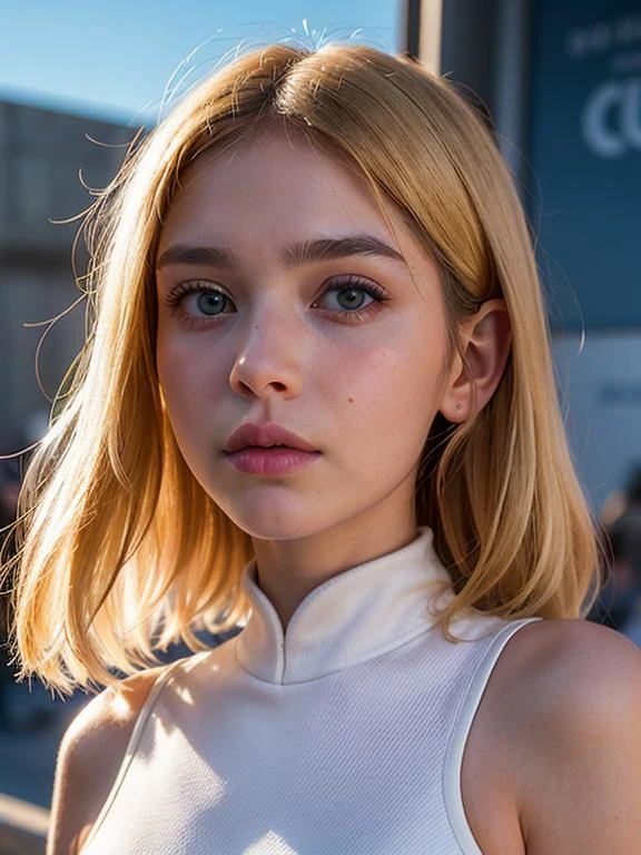 ((Runionese (girl)),Oblong Face, Downturned Eyes, [eye color amber], Nose with an Adorable Button Shape, protruding lower lip, lower cheekbones, crooked chin, tousled hair, blonde hair),
