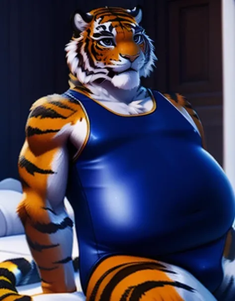 (((detailed eyes, detailed face))), (anthro, tiger, black eyes), male, (solo), (plump, belly, chubby, overweight), (male swimsuit <lora:bulge_swimsuit_cum_findigo_v3:1>, one-piece swimsuit), sitting, arms behind back, smile, (by zackarry911, by zaush, by personalami:0.5), bedroom, soft shading, masterpiece