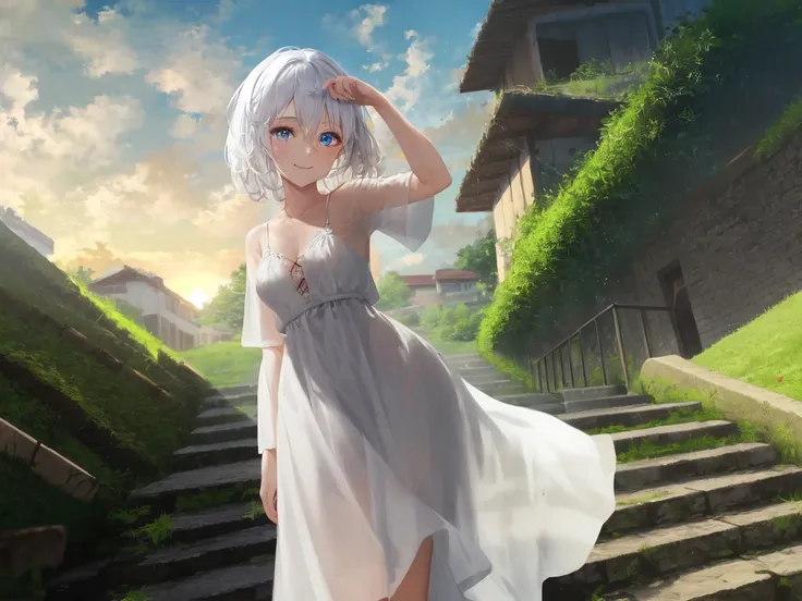 absurdres, masterpiece, highres, cinematic, full HD, 8k, intricate detail, ultra detailed, 1girl, solo, white hair, [purple eyes], outdoors, dress, white dress, looking at viewer, scenery, ruins, long hair, grass, bangs, day, overgrown, (eye focus:1.7), short hair, standing, blue eyes, hair between eyes, sunlight, long sleeves, building, sky, post-apocalypse, plant, hand up, window, short sleeves, railing, wide shot, v, closed mouth, stairs, smile, arm up, moss, sunset, (nixeu_soft:0.7), (nixeu_white:0.7)