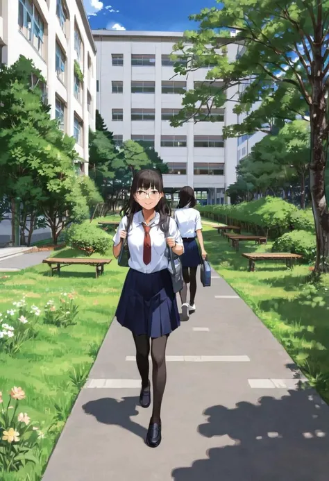 best quality, ultra-detailed, illustration, 
glasses, black hair, long hair, red necktie, pantyhose, white shirt, shoes, school uniform, blue skirt, collared shirt, happy, 
nakaniwa, outdoors, tree, building, scenery, day, grass, sky, plant, fence
 <lora:gakkou_nakaniwa_SDXL_V1:1> <lora:col_xl:0.6>