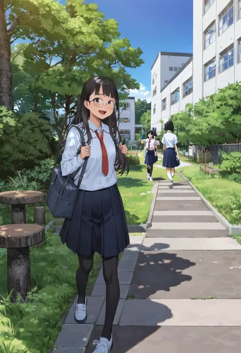 best quality, ultra-detailed, illustration, 
glasses, black hair, long hair, red necktie, pantyhose, white shirt, shoes, school uniform, blue skirt, collared shirt, happy, 
nakaniwa, outdoors, tree, building, scenery, day, grass, sky, plant, fence
 <lora:gakkou_nakaniwa_SDXL_V1:1> <lora:col_xl:0.6>