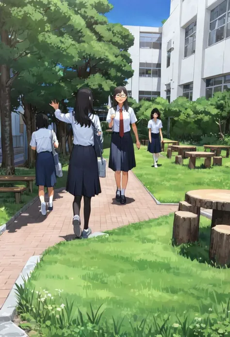 best quality, ultra-detailed, illustration, 
glasses, black hair, long hair, red necktie, pantyhose, white shirt, shoes, school uniform, blue skirt, collared shirt, happy, 
nakaniwa, outdoors, tree, building, scenery, day, grass, sky, plant, fence
 <lora:gakkou_nakaniwa_SDXL_V1:1> <lora:col_xl:0.6>