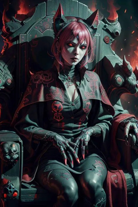 <lora:DemonicTech:0.8> demonictech, scifi, masterpiece, best quality, illustration, woman, breasts, demonic suggestion, perfectly formed breasts, formed breasts, overfilled breasts, cleavage, sitting on a throne, inside a hellish temple, fire, snake and skulls around, pink hair, green hair, goth girl. cat ears, cat tail, tattoo on body