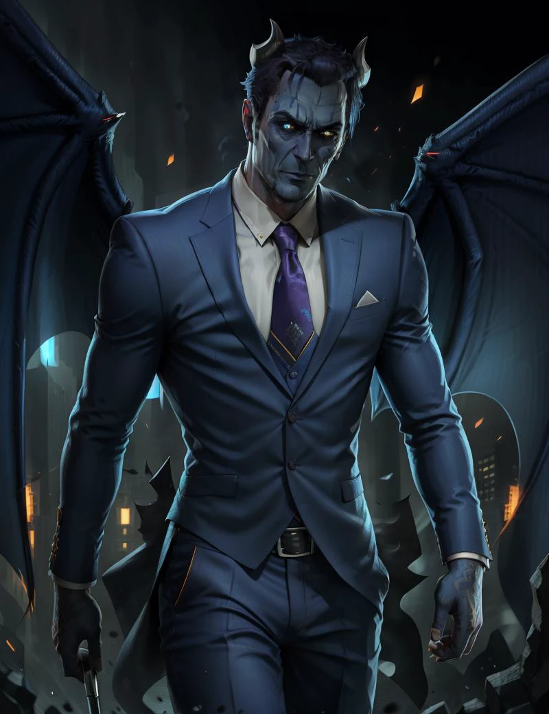 shoulder shot of <lora:G_man:0.7> g_man, a man in a business suit,
<lora:DemonicT:0.7> DemonicT, blue skin, black sclera, colored sclera, colored skin, yellow eyes, demon wings, demon horns, slit pupils, masterpiece,best quality,vibrant image,sharpness, colorful,perfect eyes, detailed eyes, detailed hair,
