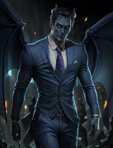 shoulder shot of <lora:G_man:0.7> g_man, a man in a business suit,
 <lora:DemonicT:0.7> DemonicT, blue skin, black sclera, colored sclera, colored skin, yellow eyes, demon wings, demon horns, slit pupils, masterpiece,best quality,vibrant image,sharpness, colorful,perfect eyes, detailed eyes, detailed hair,