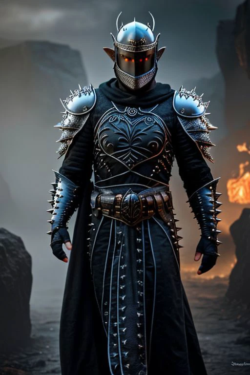 an image of an old male, male elf, solo, white skin, colored skin, pale skin, bald head, pointy ears, full black eyes, armor, black robes, medium shot, looking in camera, spiky helmet, realistic, digital art, best quality, high resolution, cinematic, DemonicT, FanRo, style-hamunaptra, SkinDetail, OverallDetail, EyeDetail, dungeon background
