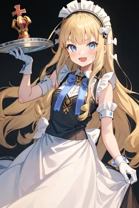 best quality, masterpiece, highres, solo, {maid:1.40}, {long maid dress:1.15}, {queen_elizabeth_azurlane:1.15}, blonde_hair, long_hair, blue_eyes, crown, hairband, bow, mini_crown, hair_bow, blush, bangs, black_hairband, open_mouth, white_bow, smile, breasts, fang, small_breasts
