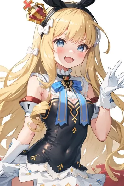 petite, cute, flat, ojou-sama, long blond hime cut, hair slicked back, forehead, blue eyes, smug, thick thighs, side slit skirt thighhighs and gloves, covered nipples, pussy peak, naughty face, heavy breathing, seductive smile, sitting, throne, bedroom