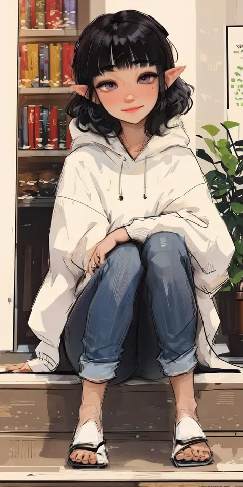 <lora:Circle Style:1>, Circle Sora, 1girl, ninomae ina'nis, virtual youtuber, solo, plant, multicolored hair, orange hair, alternate hair length, sitting, purple hair, tentacle hair, hood, potted plant, alternate hairstyle, hoodie, gradient hair, looking at viewer, pants, bangs, blunt bangs, short hair, book, pointy ears, purple eyes, flower, mole under eye, sandals, denim, alternate costume, black hair, smile,, (masterpiece:1.3), (best quality:1.3), 1girl