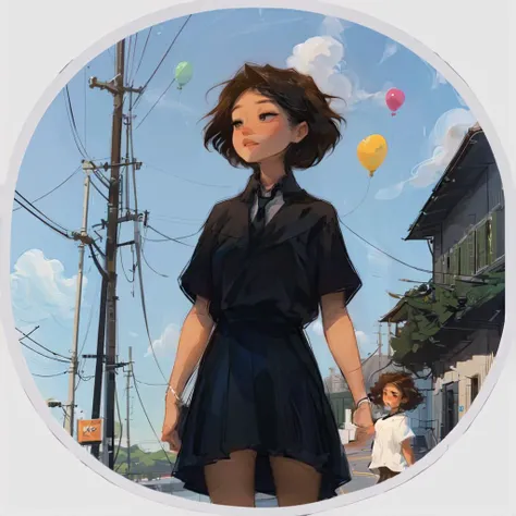 <lora:Circle Style:1>, (Circle Sora:1.8),
multiple girls, outdoors, sky, 2girls, cloud, shirt, dress, building, white shirt, necktie, skirt, short hair, black hair, day, black skirt, scenery, brown hair, black necktie, blue sky, flower, long hair, collared shirt, pleated skirt, balloon, school uniform, plant, power lines