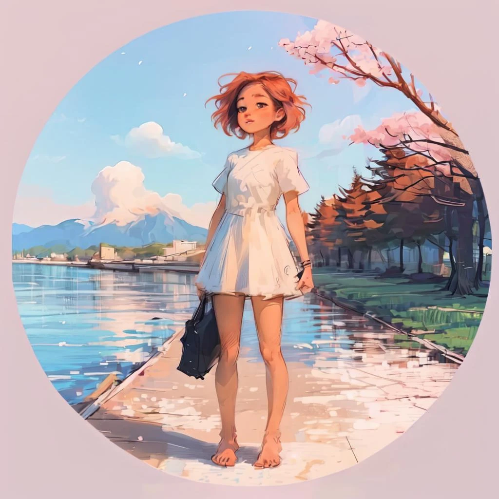 <lora:Circle Style:1>, (Circle Sora:1.8),
1girl, solo, dress, tree, outdoors, cherry blossoms, sky, day, blue sky, pink hair, standing, white dress, wide shot, short hair, barefoot, holding, short sleeves, scenery