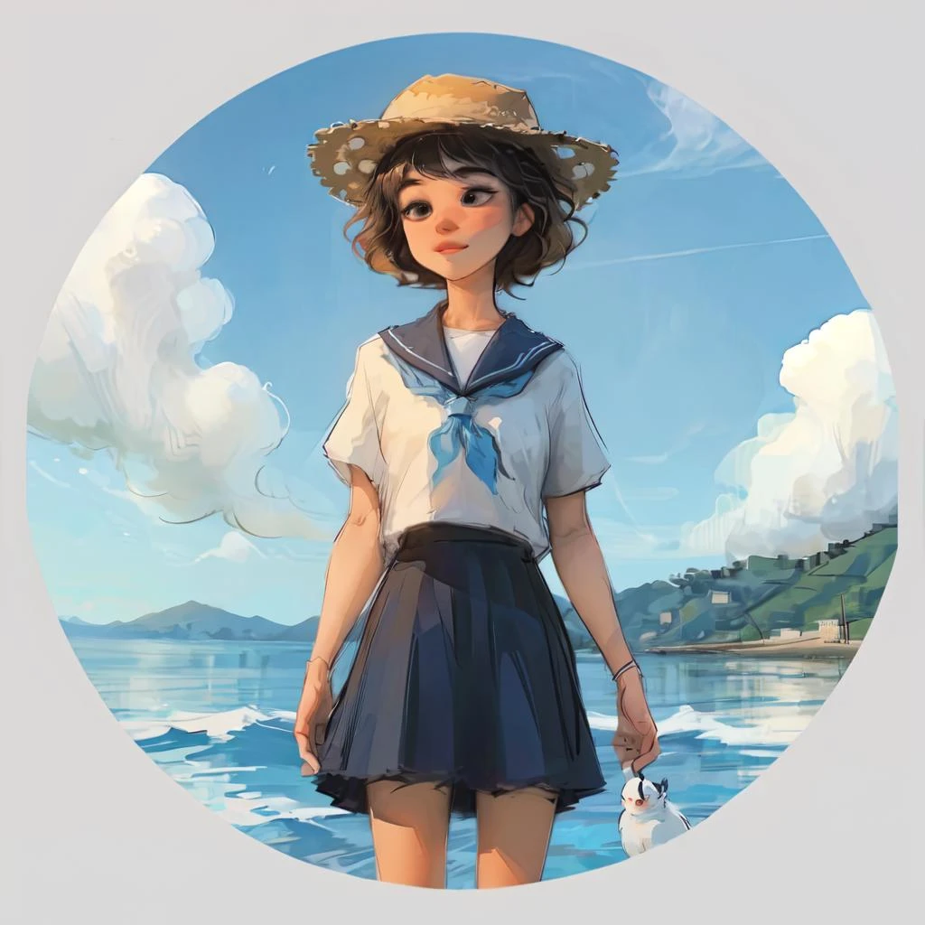 <lora:Circle Style:1>, (Circle Sora:1.8),
1girl, outdoors, bird, cloud, skirt, solo, school uniform, sky, neckerchief, short hair, serafuku, sailor collar, brown hair, short sleeves, holding, hat, headwear removed, white shirt, ocean, shirt, scenery, beach, pleated skirt, holding clothes, red neckerchief, seagull, blue skirt, hat removed, waves, standing, day, blue sky, water, looking at viewer, blue sailor collar, wide shot, contrail, horizon, holding hat, cloudy sky, wind, cumulonimbus cloud, straw hat, summer, bangs