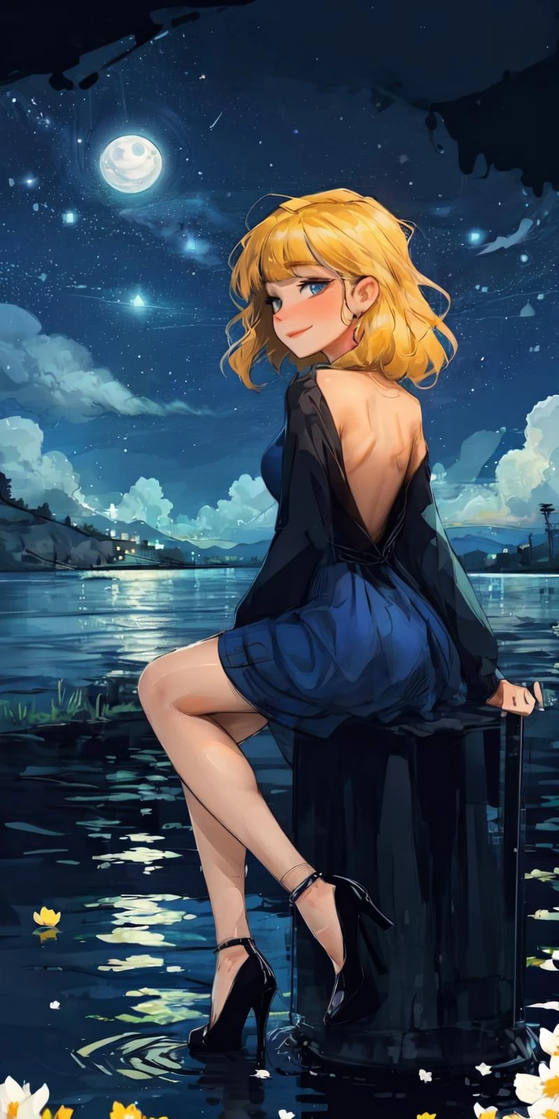 <lora:Circle Style:1>, Circle Sora, 1girl, flower, blonde hair, solo, dress, moon, high heels, blue eyes, looking at viewer, holding, night, blue dress, lily \(flower\), sky, water, long hair, full moon, long sleeves, white flower, sitting, hair between eyes, bangs, holding flower, night sky, smile, closed mouth, backless outfit, cloud, partially submerged, aqua dress, backless dress, ripples, star \(sky\), (masterpiece:1.3), (best quality:1.3), 1girl
