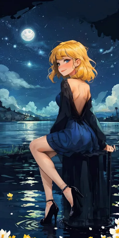 <lora:Circle Style:1>, Circle Sora, 1girl, flower, blonde hair, solo, dress, moon, high heels, blue eyes, looking at viewer, holding, night, blue dress, lily \(flower\), sky, water, long hair, full moon, long sleeves, white flower, sitting, hair between eyes, bangs, holding flower, night sky, smile, closed mouth, backless outfit, cloud, partially submerged, aqua dress, backless dress, ripples, star \(sky\), (masterpiece:1.3), (best quality:1.3), 1girl