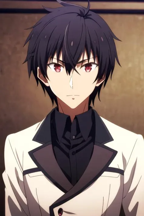 masterpiece, best quality, wallpaper, 1boy, solo, male focus, looking at viewer, , depth of field, , , <lora:anos_voldigoad:0.72>, anos_voldigoad, black hair, red eyes