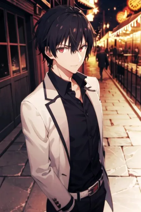 masterpiece, best quality, wallpaper, 1boy, solo, male focus, looking at viewer, , depth of field, anime coloring, , <lora:anos_voldigoad:0.76>, anos_voldigoad, black hair, red eyes, carnival costume, , 12k resolution