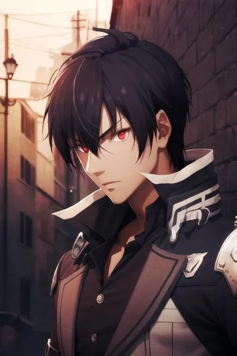 masterpiece, best quality, wallpaper, 1boy, solo, male focus, looking at viewer, , depth of field, , , <lora:anos_voldigoad:0.76>, anos_voldigoad, black hair, red eyes, , , atompunk, 2k resolution