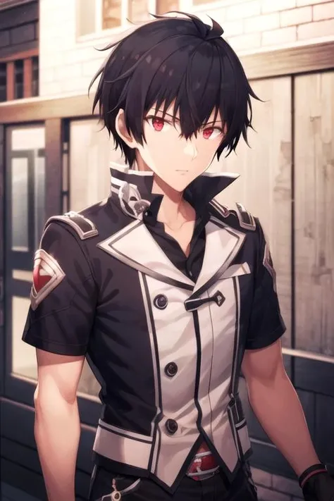 masterpiece, best quality, , 1boy, solo, male focus, looking at viewer, upper body, depth of field, , , <lora:anos_voldigoad:0.70>, anos_voldigoad, black hair, red eyes, shorts, homburg, atompunk,