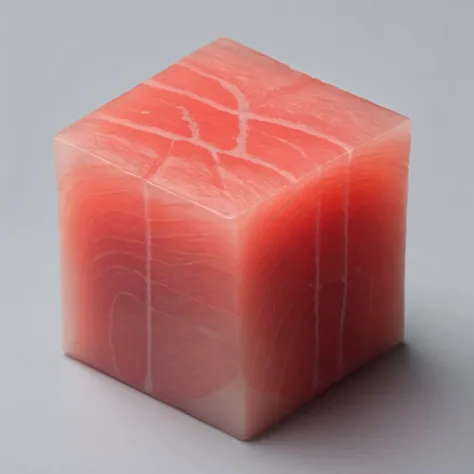 A surreal depiction of a standard cubic block, seemingly made of fresh sashimi, placed on a pristine white surface. The texture of the fish is vividly detailed, with the sheen of freshness evident. The cube's edges are sharp and precise, contrasting with the organic nature of the fish. Medium: Hyper-realistic photography. Style: A blend of modern art and culinary presentation. Lighting: Soft overhead lighting casting minimal shadows. Colors: Rich salmon pinks and deep tuna reds against a stark white background. Composition: Shot with a Canon EOS 5D Mark IV DSLR camera, EF 50mm f/1.8 STM lens, Resolution 30.4 megapixels, ISO sensitivity: 100, Shutter speed 1/125 second.., <lora:chunks3:0.65>