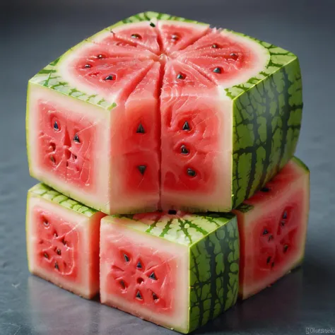 <lora:chunks3:0.65>,chunks,detailed photograph of a square shaped watermelon not sliced, growing in a watermelon patch with others in cube form