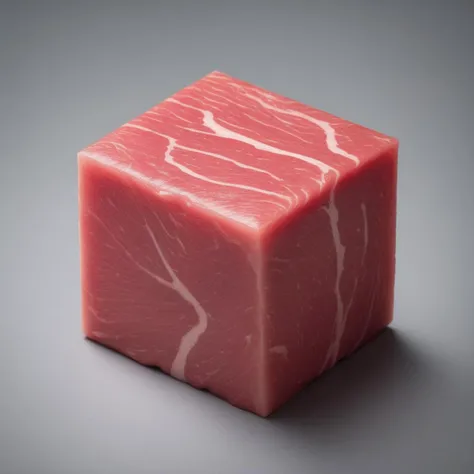 A cube of compressed meat, perfectly shaped into a standard cube, sits in the center of a pristine white plate. The meat's texture is evident, showcasing the fibers and marbling. The lighting is soft and overhead, casting minimal shadows and emphasizing the meat's unique structure. The background is a muted gray, allowing the meat cube to be the focal point. Medium: Digital Photography. Style: Ultra-realistic, emphasizing the surreal nature of the subject. Lighting: Soft overhead lighting. Colors: Natural meat tones contrasted with a white plate and gray background. Composition: Shot with a Canon EOS 5D Mark IV DSLR camera, EF 50mm f/1.8 STM lens, Resolution 30.4 megapixels, ISO sensitivity: 100, Shutter speed 1/125 second, <lora:chunks3:0.45>