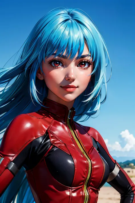 Kula, blue hair, red eyes, bangd, long hair,red bodysuit, looking at viewer, smiling, portrait, outside, blue sky, extreme detail, masterpiece, <lora:Kula:.7>