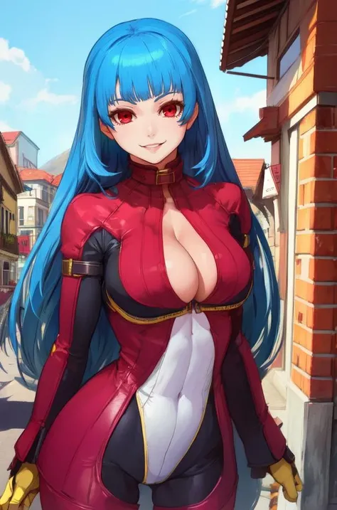 Kula, blue hair, red eyes, bang, long hair, cleavage,
purple bodysuit, yellow gloves, smile, hips,
standing, cold weather, town,
(insanely detailed, beautiful detailed face, masterpiece, best quality), solo,
<lora:Kula:0.8>