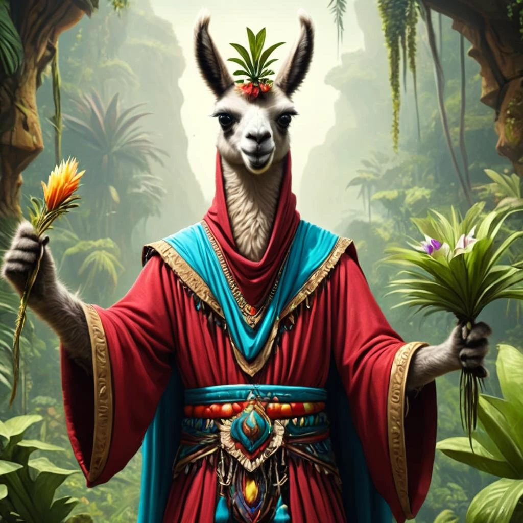 ultra-fine digital painting of a <lora:anthro_muscular:0.7> anthro Llama (Holding a prop confidently) at Jungle planet with levitating flora, super detail, ultra-realism, <lora:xl_more_art-full_v1:0.3>, <lora:madpunk:0.6> madpunk