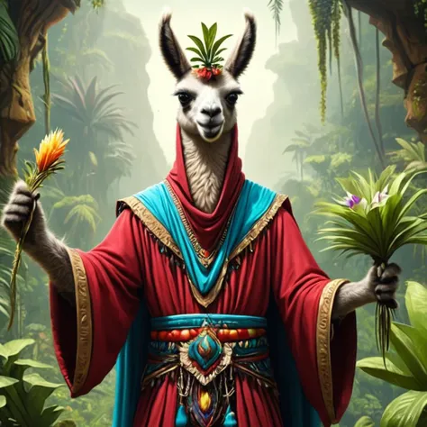 ultra-fine digital painting of a <lora:anthro_muscular:0.7> anthro Llama (Holding a prop confidently) at Jungle planet with levitating flora,  super detail, ultra-realism, <lora:xl_more_art-full_v1:0.3>,  <lora:madpunk:0.6>  madpunk