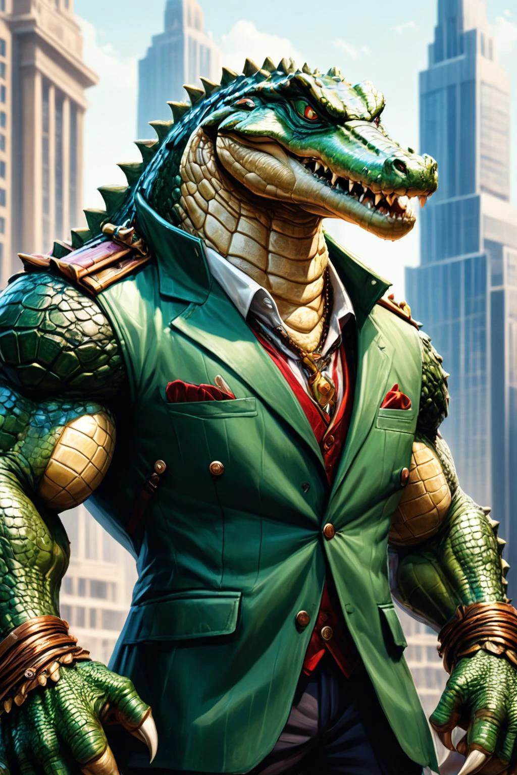Detailed digital illustration of an anthro Crocodile (Holding a prop confidently) at a Mega-corporation headquarters with imposing architecture, <lora:xl_more_art-full_v1:0.5>, <lora:anthro_muscular:0.7> , <lora:madpunk:0.4> madpunk