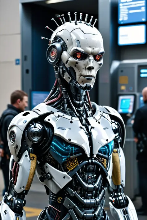 RAW photo of a <lora:madpunk:0.8> madpunk <lora:just_another_Cyborg_LoRa_SDXL:0.8> c1bo cyborg (Holding a prop confidently) at a High-tech security checkpoint with body scans, super detail, ultra-realism, <lora:xl_more_art-full_v1:0.3>, <lora:PE_NeonUV Style:0.7> PENeonUV , <lora:Faceless_Cyborgs:0.7> noface, cyborg <lora:quality1:1> <lora:sdxl_cyberpunk:0.7> cyberpunk style, cyberpunk