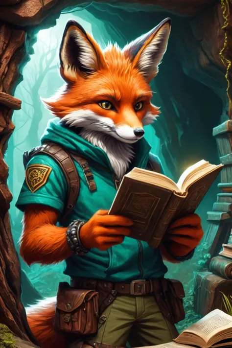 Detailed digital illustration of an anthro Fox (Reading a book, absorbed in intellect) at a Underground resistance hideout with hacked technology, <lora:xl_more_art-full_v1:0.5>, <lora:anthro_muscular:0.7> , <lora:madpunk:0.4> madpunk