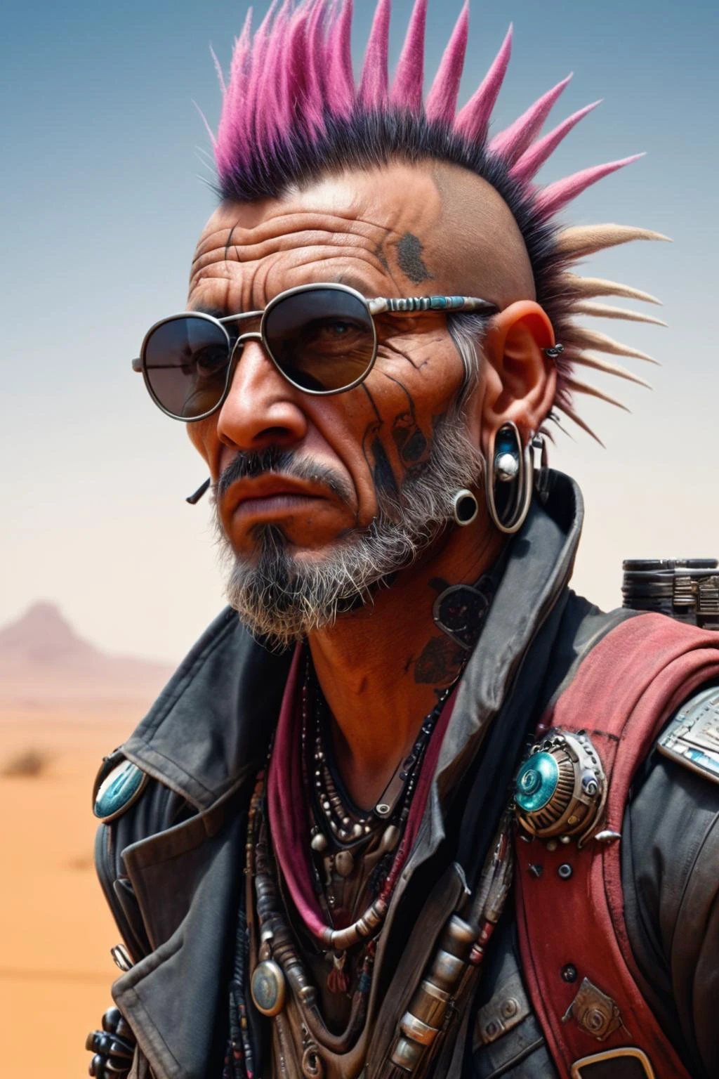 RAW photo of a madpunk Cyberpunk nomad medic with nano-enhanced treatments at Desert planet with nomadic tribes, super detail, ultra-realism, <lora:xl_more_art-full_v1:0.3>, <lora:madpunk:0.7>