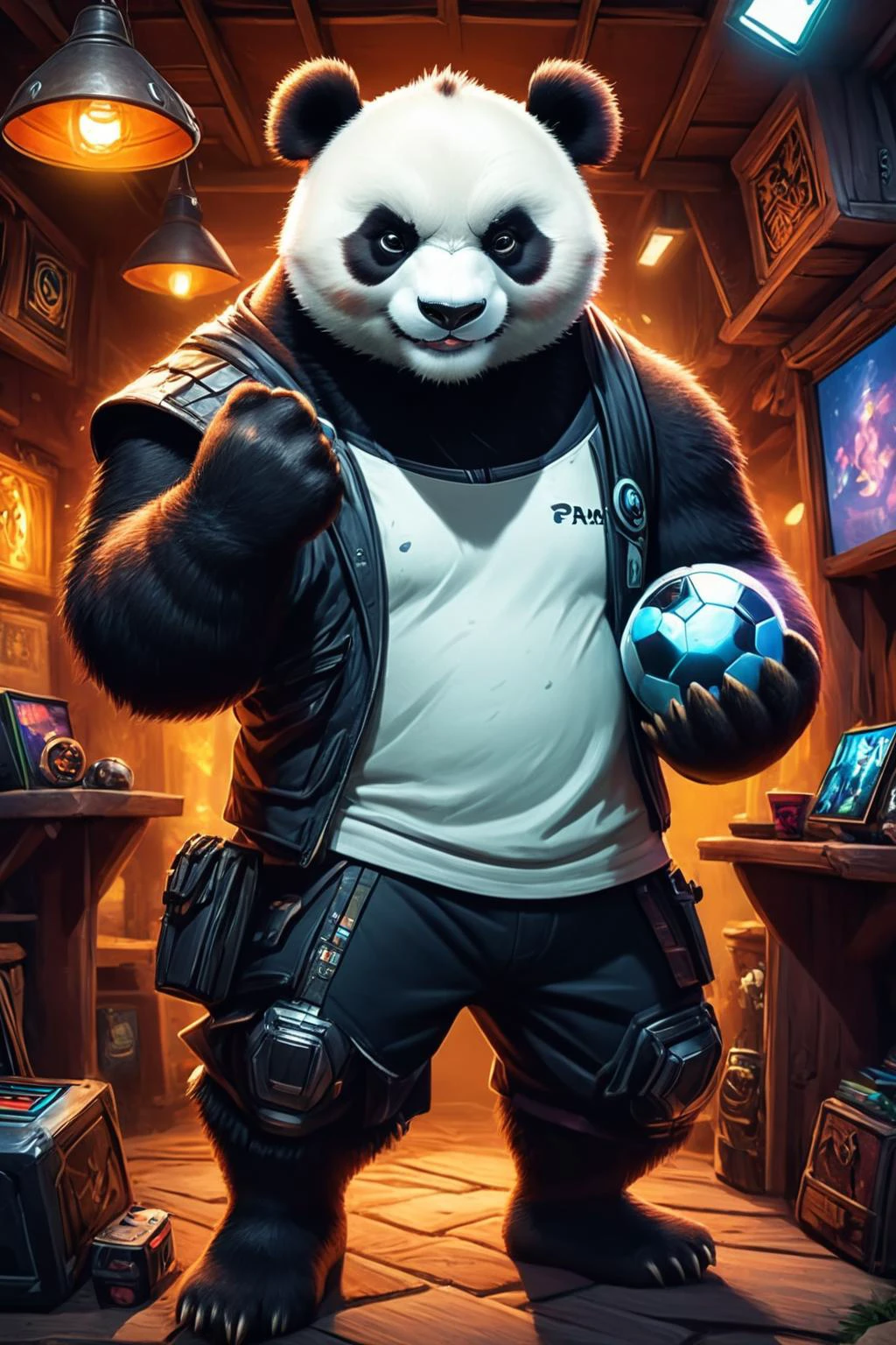 Detailed digital illustration of an anthro Panda (Holding a prop confidently) at a Virtual reality gaming den with immersive setups, <lora:xl_more_art-full_v1:0.5>, <lora:anthro_muscular:0.7> , <lora:madpunk:0.4> madpunk
