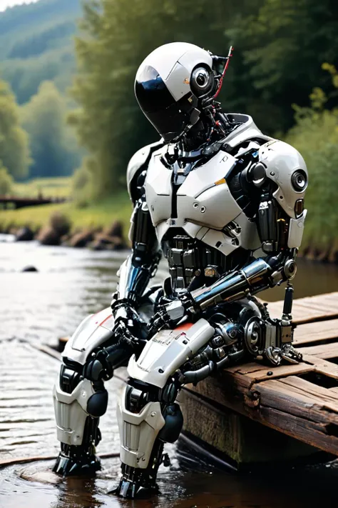 RAW photo of a <lora:madpunk:0.8> madpunk <lora:just_another_Cyborg_LoRa_SDXL:0.8> c1bo cyborg (Resting on elbows, relaxed charm) at a Wooden bridge over peaceful stream, super detail, ultra-realism, <lora:xl_more_art-full_v1:0.3>, <lora:pastel_colors_xl_v3:0.7> , <lora:Faceless_Cyborgs:1> noface, cyborg <lora:quality1:1>