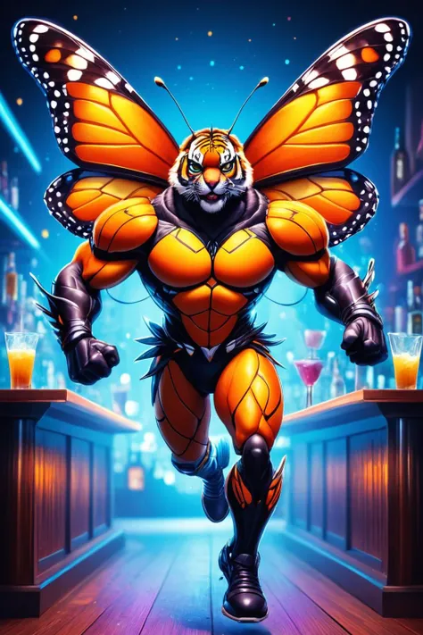 Detailed digital illustration of an anthro Monarch butterfly (Running towards the camera energetically) at a Neon-lit bar with holographic drink menus, <lora:xl_more_art-full_v1:0.5>, <lora:anthro_muscular:0.7> , <lora:madpunk:0.4> madpunk