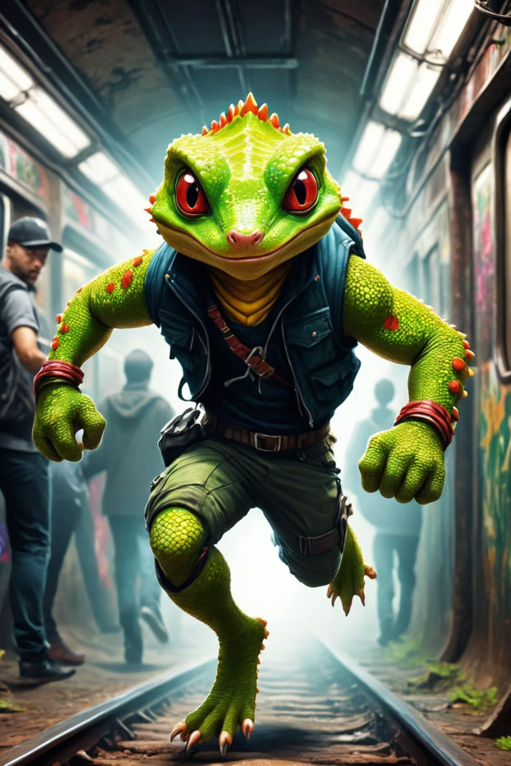 Detailed digital illustration of an anthro Gecko (Running towards the camera energetically) at a Underground hacker meeting in abandoned subway, <lora:xl_more_art-full_v1:0.5>, <lora:anthro_muscular:0.7> , <lora:madpunk:0.4> madpunk