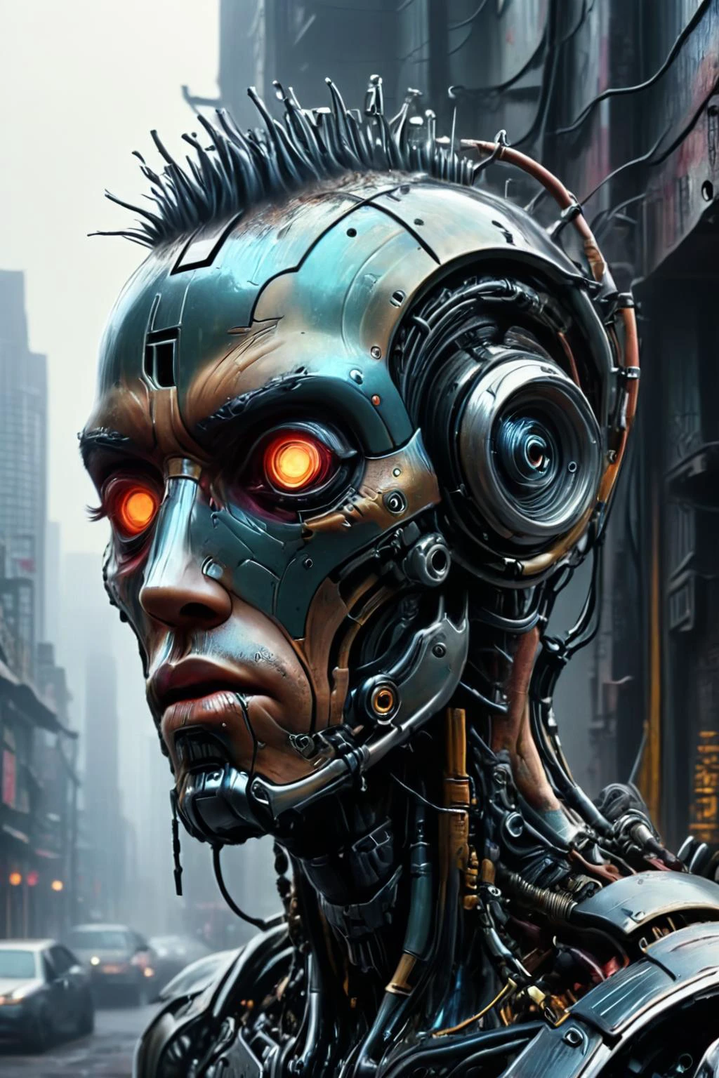 RAW photo of a <lora:madpunk:0.8> madpunk <lora:just_another_Cyborg_LoRa_SDXL:0.8> c1bo cyborg (Eyes closed, peaceful tranquility) at a Dystopian cityscape with perpetual smog, super detail, ultra-realism, <lora:xl_more_art-full_v1:0.3>, <lora:Rainbow_Style:0.6> , <lora:Faceless_Cyborgs:0.7> noface, cyborg <lora:quality1:1> <lora:sdxl_cyberpunk:0.7> cyberpunk style, cyberpunk