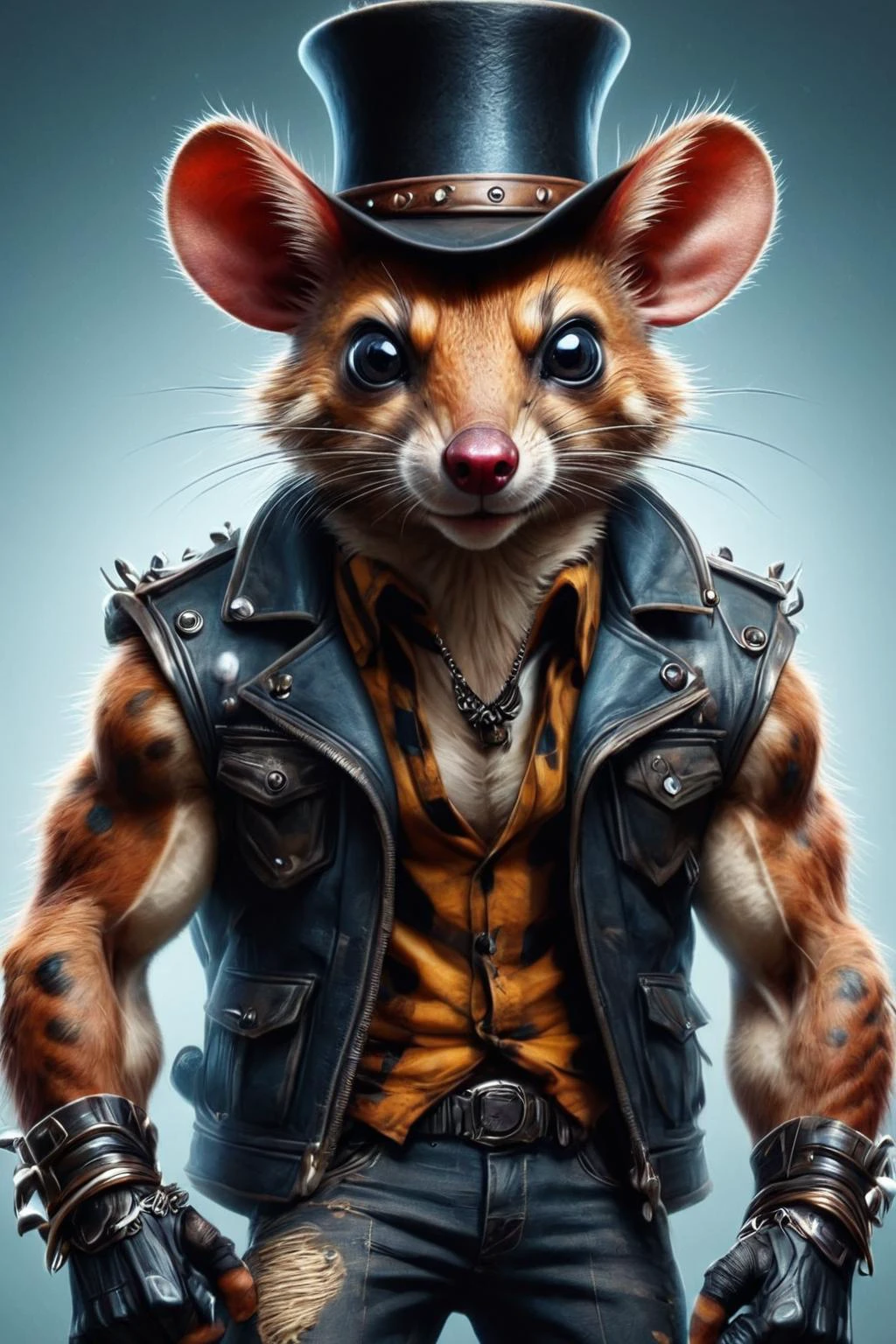 ultra-fine digital painting of a madpunk muscular <lora:anthro_muscular:0.7> anthro Quoll (Holding a hat stylishly) at Collective consciousness transcending individual existence, super detail, ultra-realism, <lora:xl_more_art-full_v1:0.3>, <lora:madpunk:1> , <lora:TeslaPunkAIv2:0.7> 3d1s0npunkai