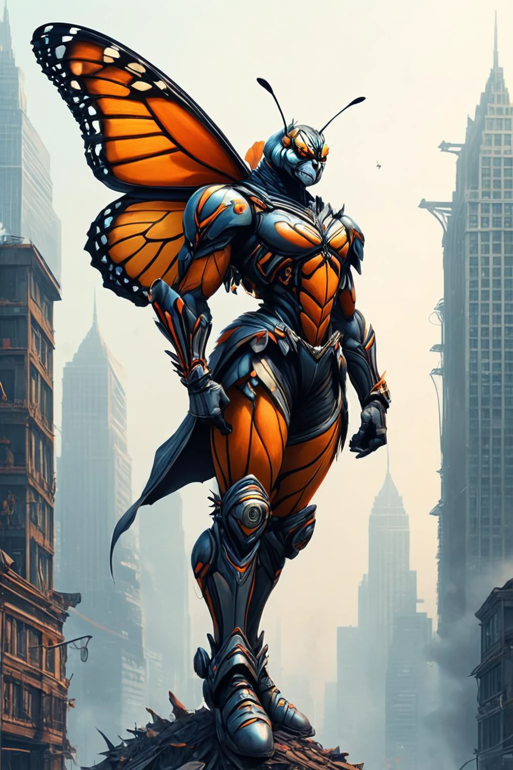 Detailed digital illustration of an anthro Monarch butterfly (Balancing on one leg, showcasing stability) at a Dystopian cityscape with perpetual smog, <lora:xl_more_art-full_v1:0.5>, <lora:anthro_muscular:0.7> , <lora:madpunk:0.4> madpunk