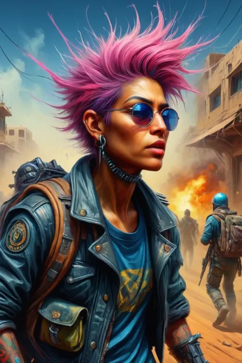 ultra-fine digital painting of a madpunk Augmented resistance fighter against corporations at Psychic refugees escaping oppressive regime,  super detail, ultra-realism, <lora:xl_more_art-full_v1:0.3>,  <lora:madpunk:0.7> , <lora:Rainbow_Style:0.6>