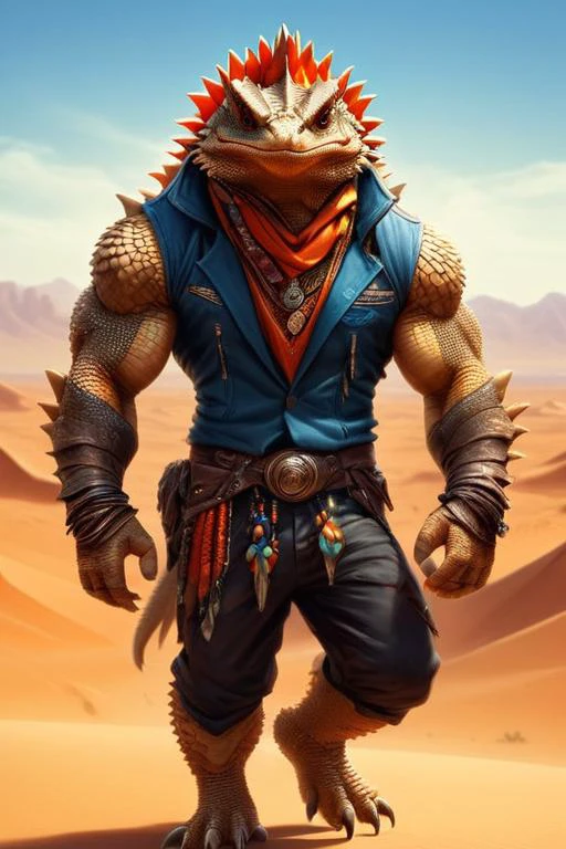 ultra-fine digital painting of a muscular <lora:anthro_muscular:0.7> anthro Bearded dragon (Wearing sunglasses, radiating cool confidence) at Desert planet with nomadic tribes, super detail, ultra-realism, <lora:xl_more_art-full_v1:0.3>, <lora:madpunk:0.6> madpunk